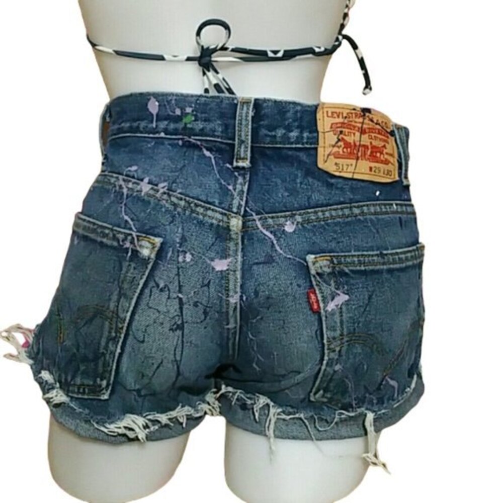 Vintage Levis 517 Cut Off Hand Painted Denim Jean Shorts Womens Size W29